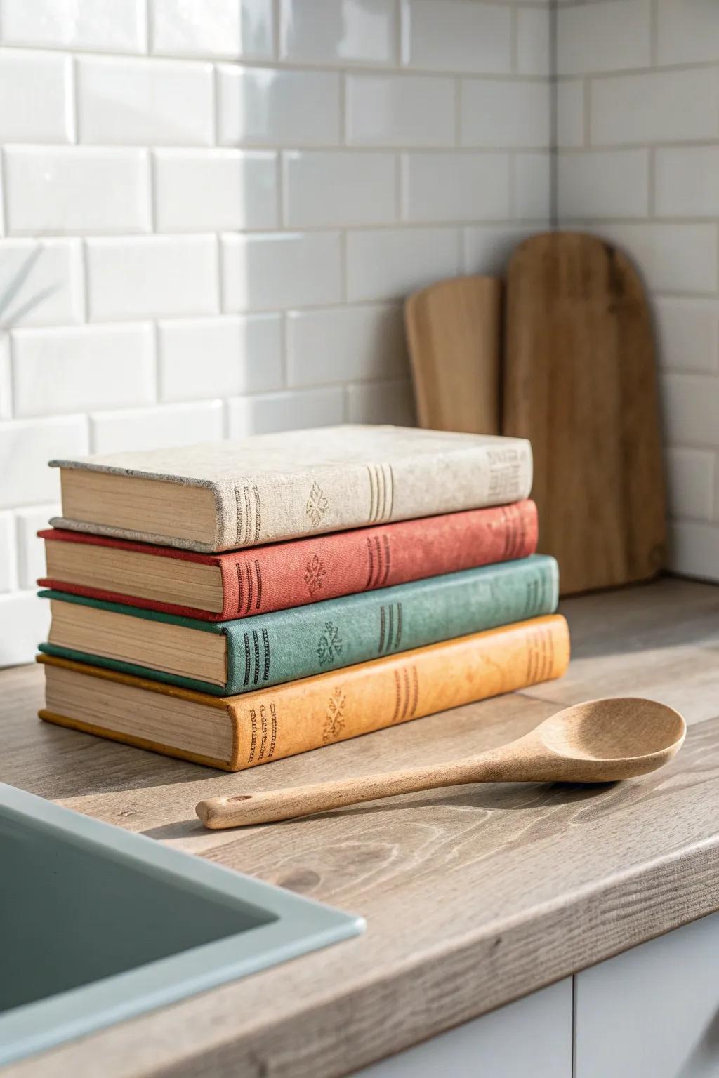 A colorful cookbook stack topped with a handmade wooden spoon rest—simple, seasonal, cozy.