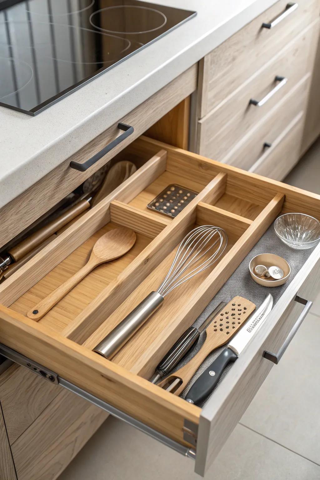 Extra-long wooden lanes keep spatulas and tongs tidy—no more digging mid-cook.