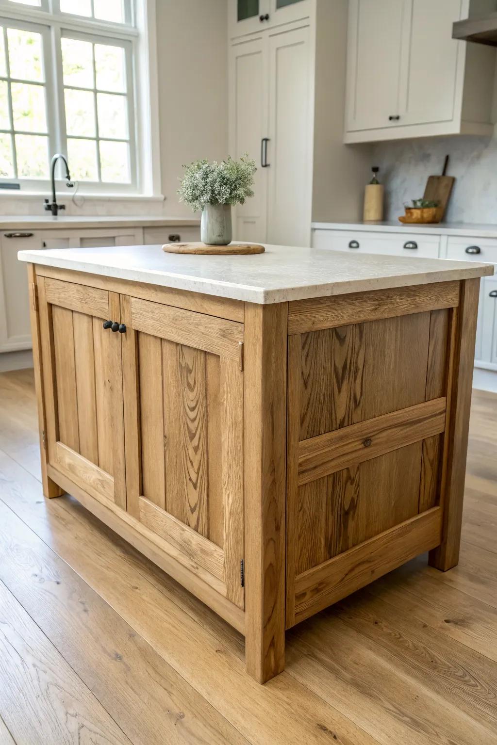 Reclaimed-wood island pairs perfectly with soft painted cabinets for calm, cohesive warmth.