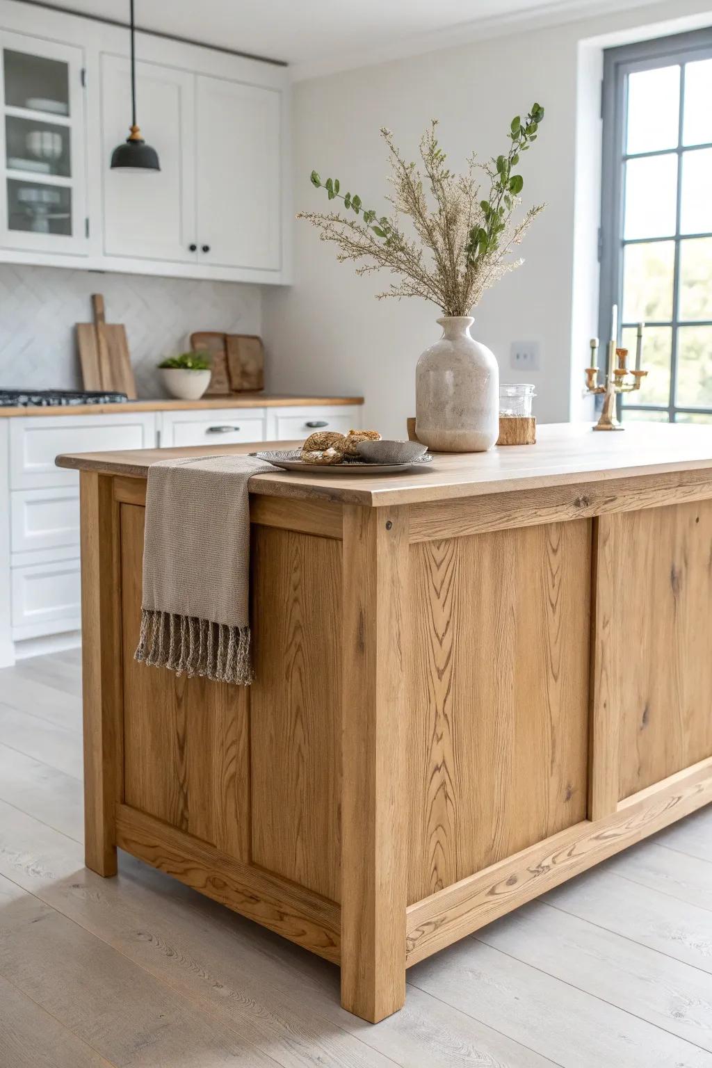 Natural wood + clear finish: a warm, touchable island that lets the grain shine.