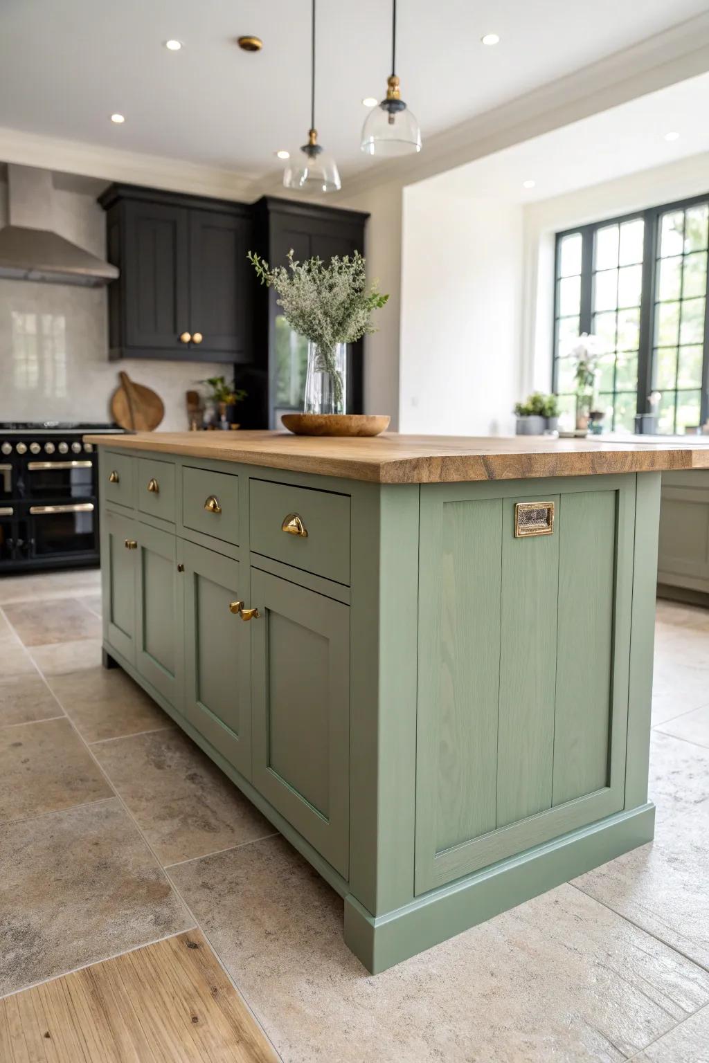 Sage green island + dark cabinets for earthy balance—warm butcher-block adds natural softness.