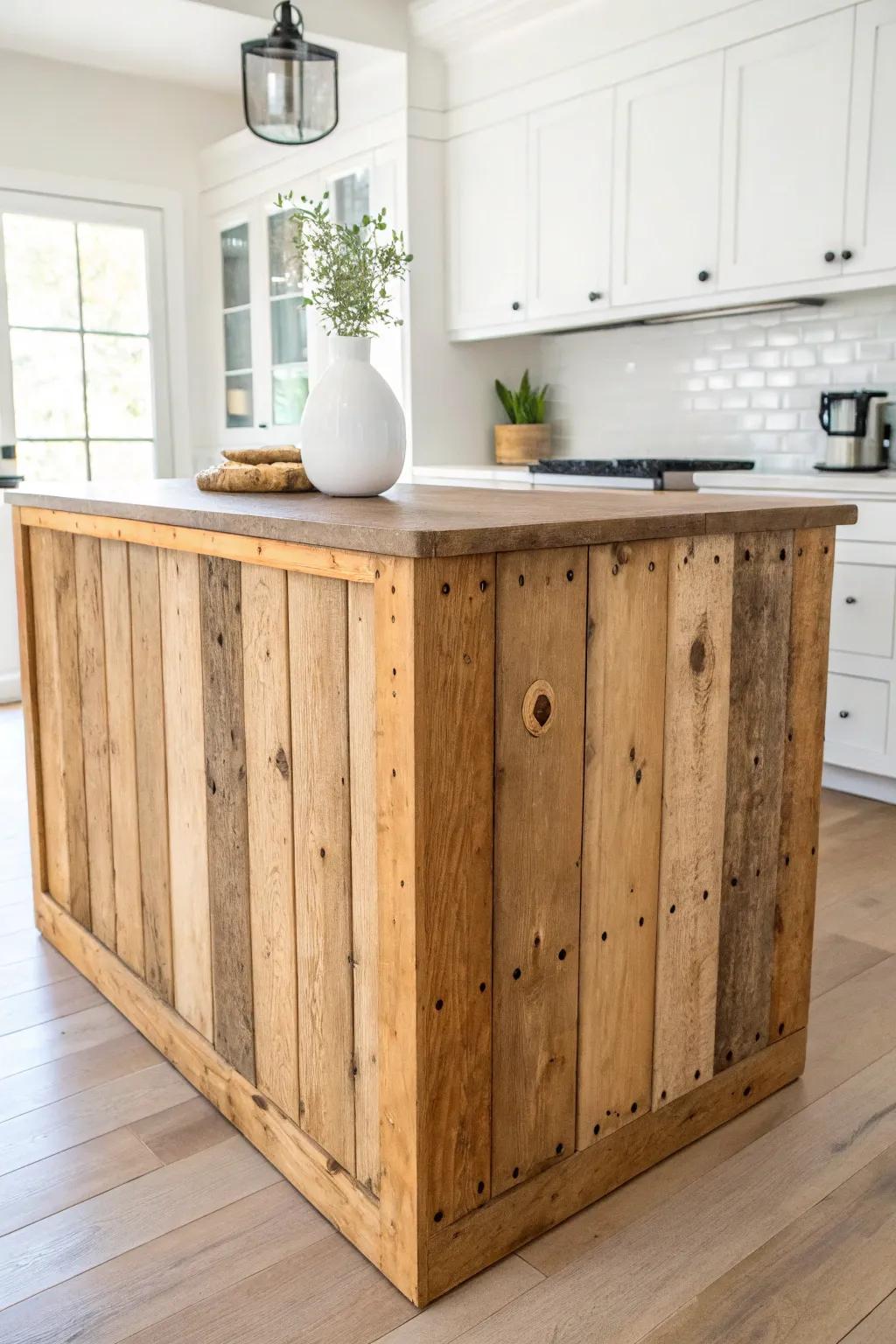 Reclaimed wood plank wrap adds warm, story-rich texture to a crisp white kitchen island.