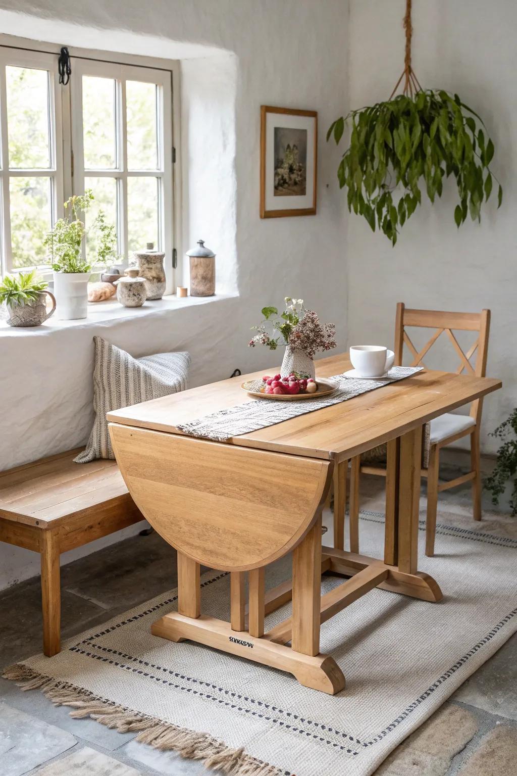Small-space breakfast nook: a sturdy drop-leaf oak table with a slim bench tucked in.