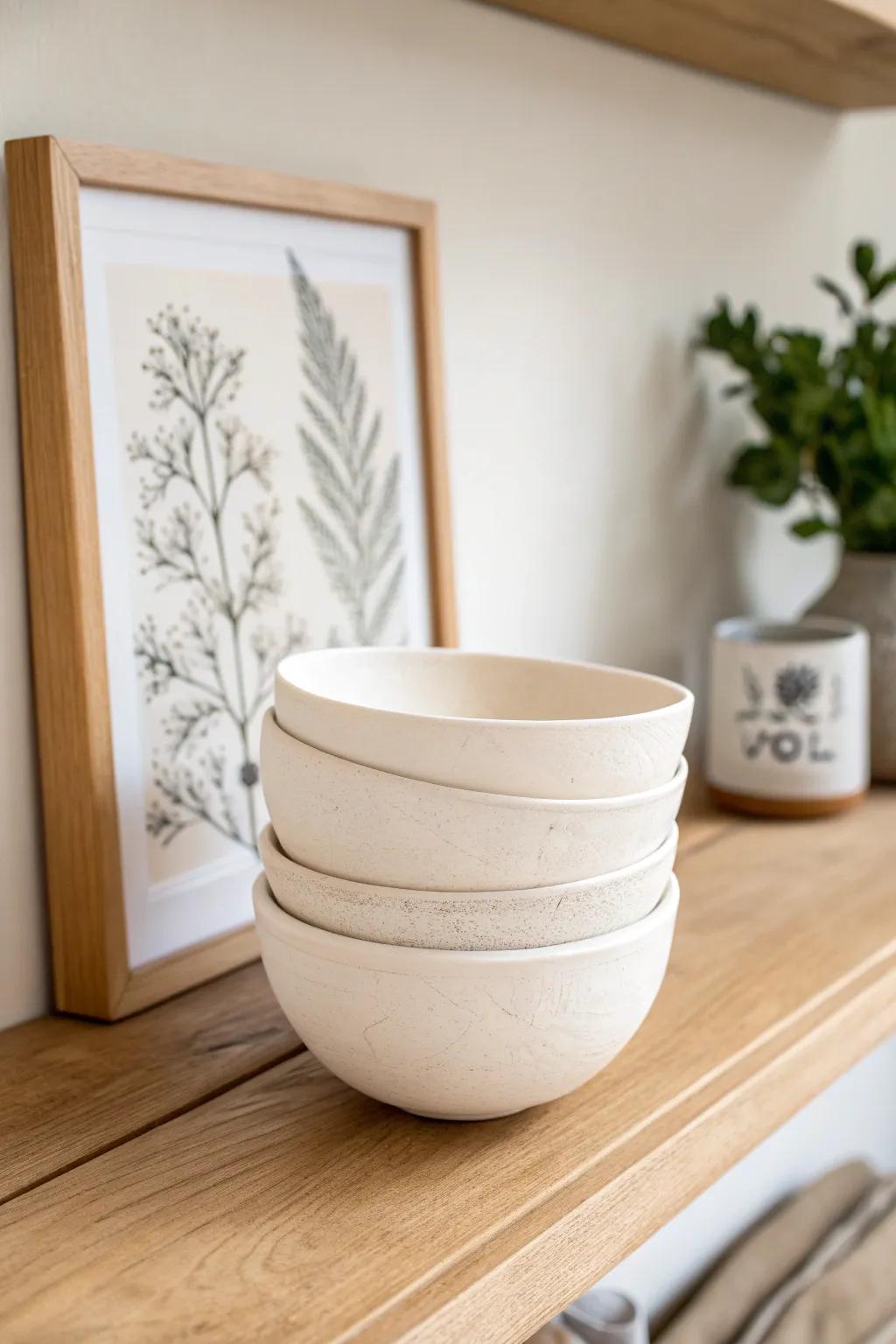 Tuck a tiny print behind your bowl stack for instant height and a cozy shelf story.