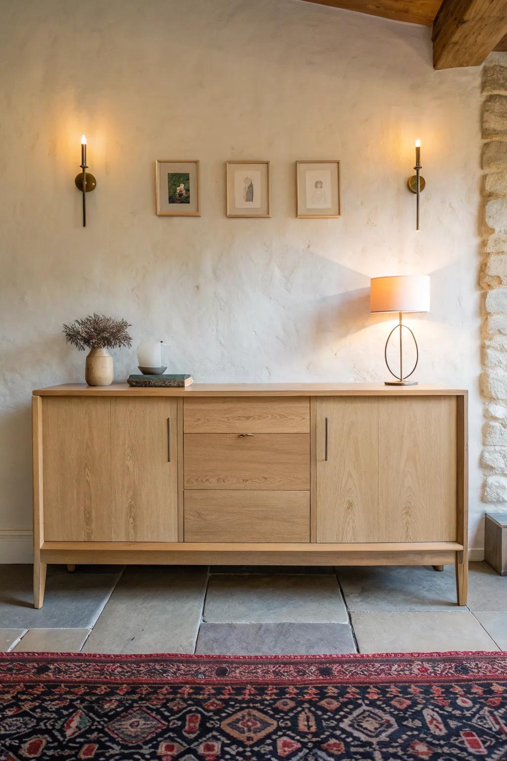A light oak sideboard feels finished with slim matching lamps—and cords hidden like magic.