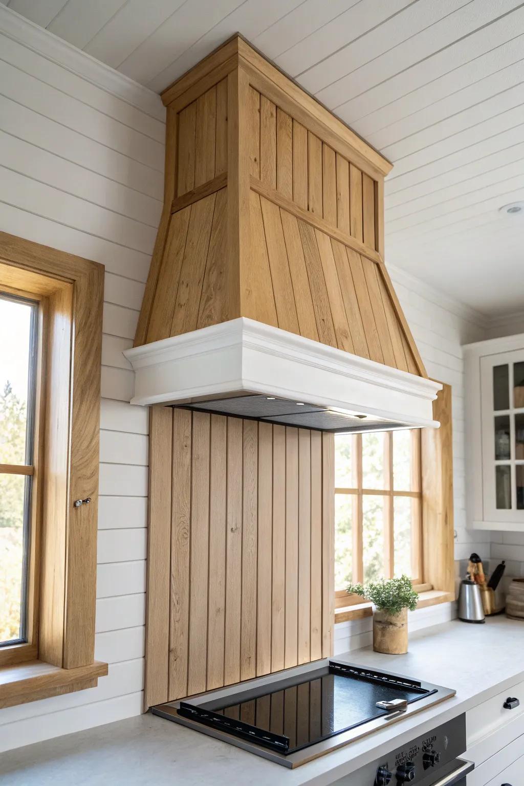 Light oak paneled range hood surround for a built‑in look—warm wood, clean lines, high contrast.