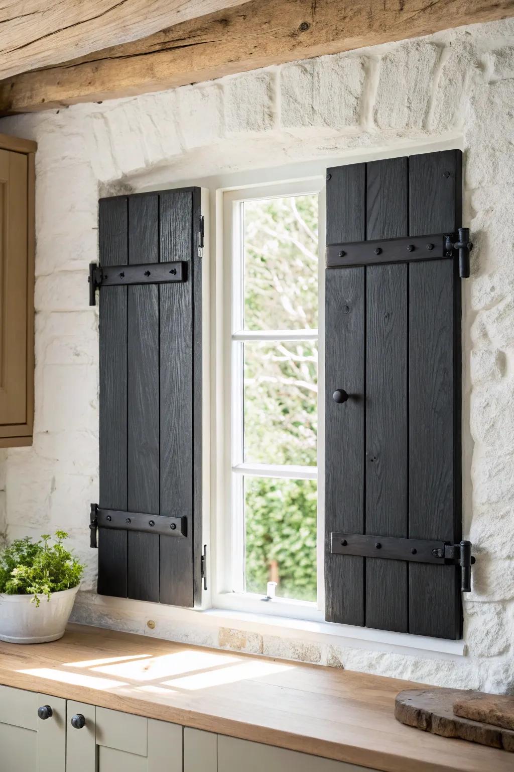 Matte-black wooden shutters add bold contrast and sun control—like a framed view in your kitchen.