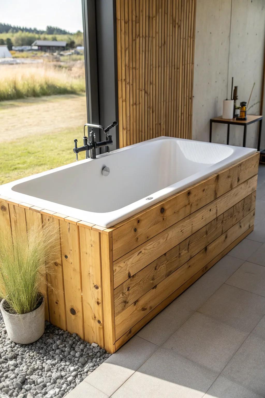 Knotty pine tub surround: a simple wood box deck that turns a drop-in tub into a spa focal point.