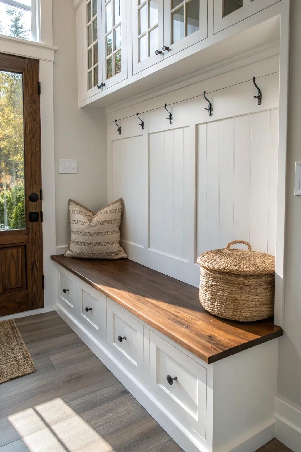 Walnut-stained bench top adds depth and hides scuffs—perfect contrast for an L-shaped mudroom.