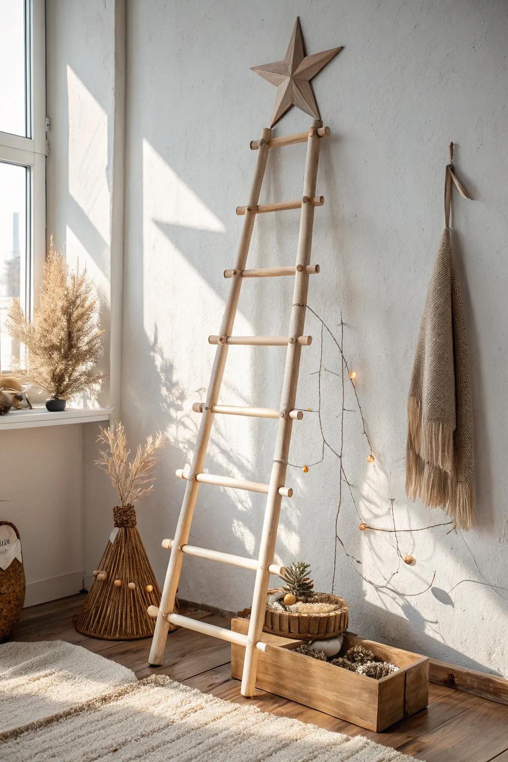 A simple wooden star at the top hinge makes your ladder Christmas tree look complete and secure.