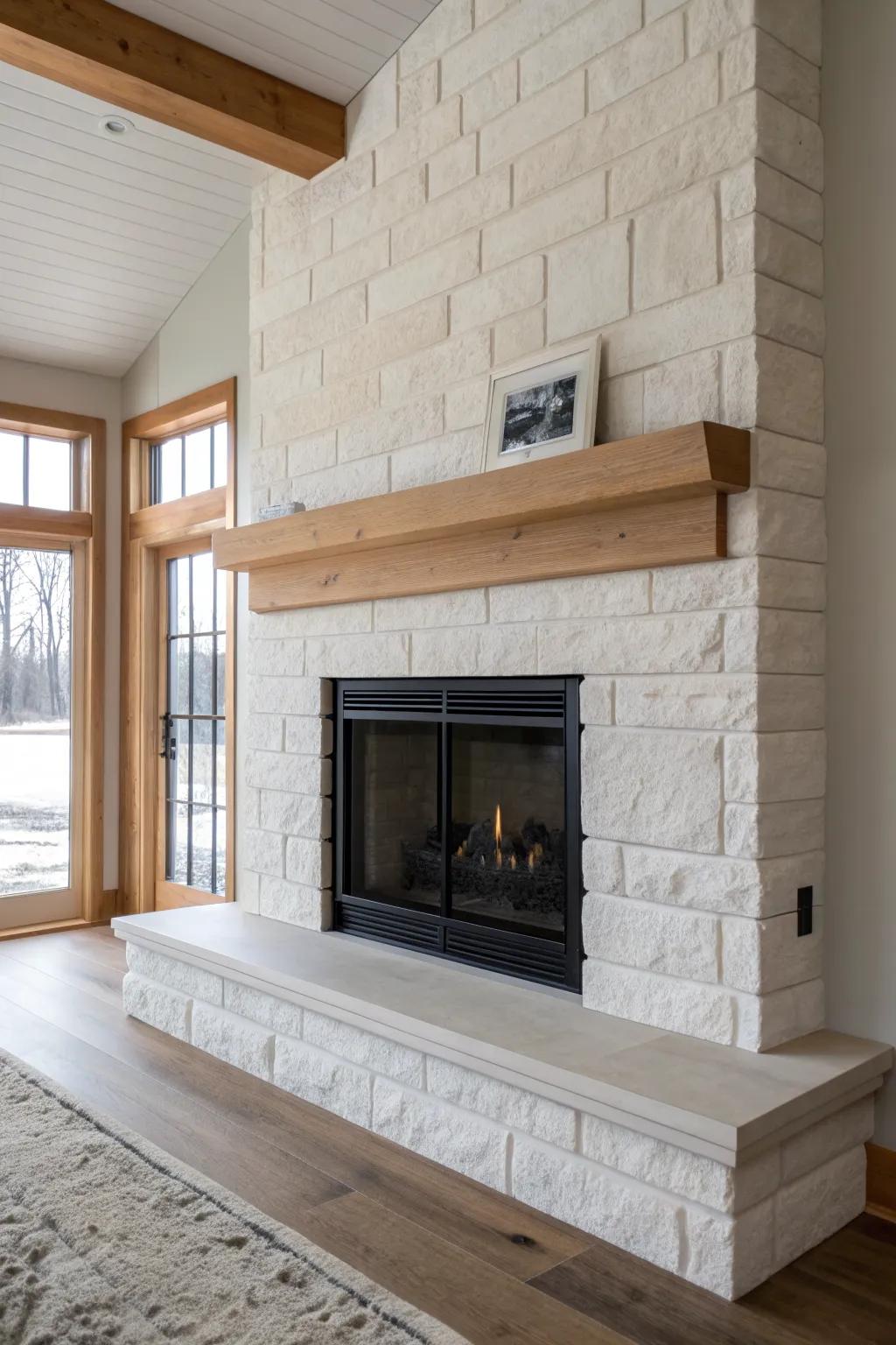 Clean stone and a crisp matte wood mantel—modern, calm, and still cozy for lake-house living.