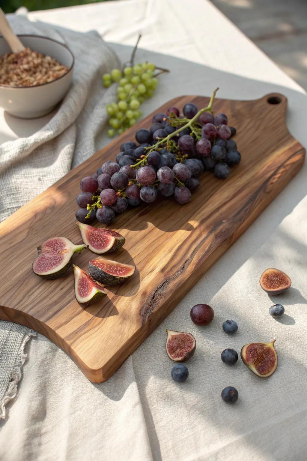 Grapes on the vine add effortless height and flow to a large charcuterie board.
