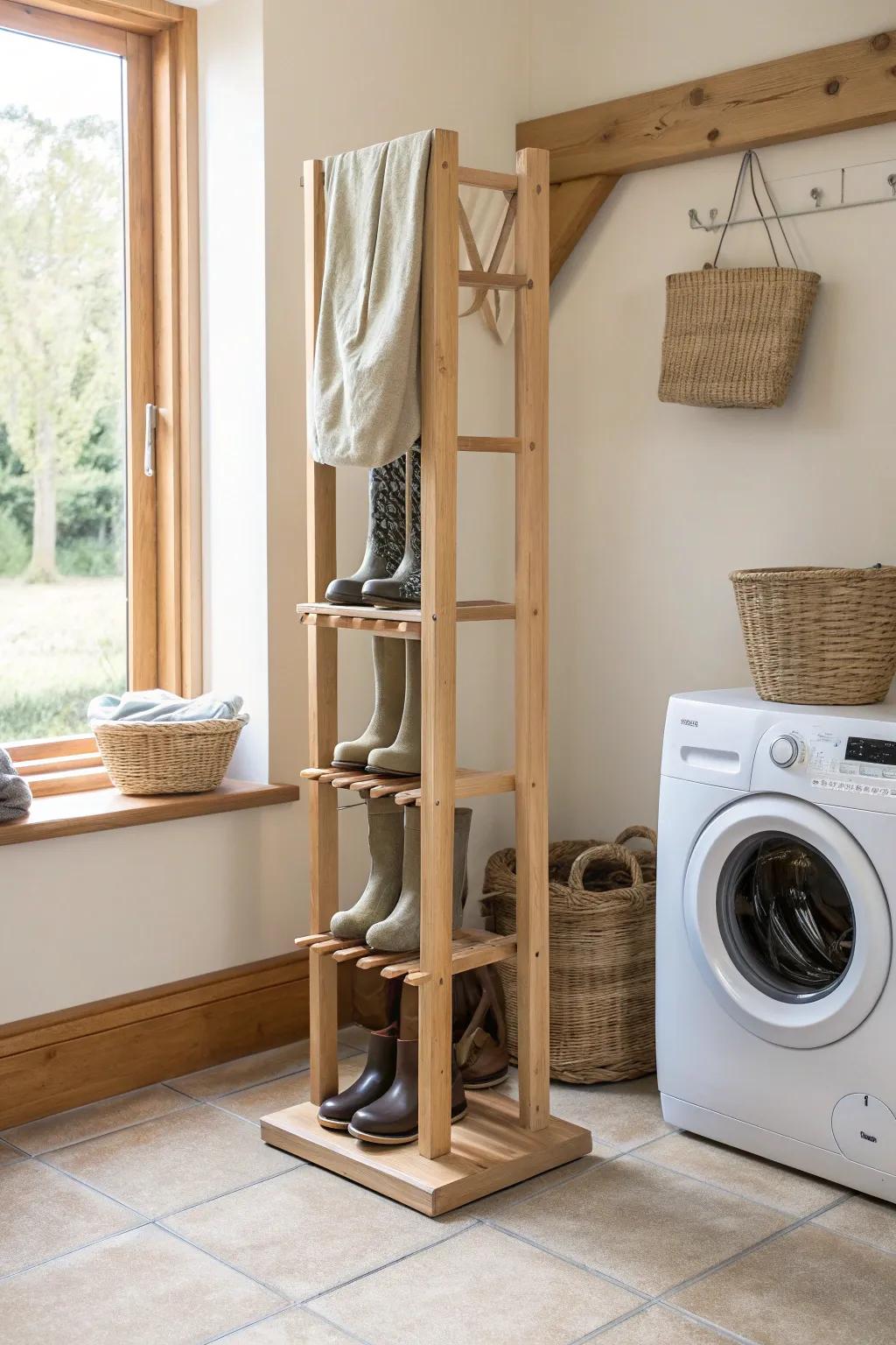 Slim oak boot rack with dowel pegs—keeps tall boots upright, dry, and beautifully organized.