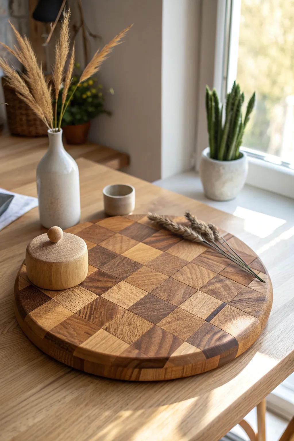 Chunky end-grain lazy Susan—mini butcher-block vibes with a stunning patchwork grain pattern.