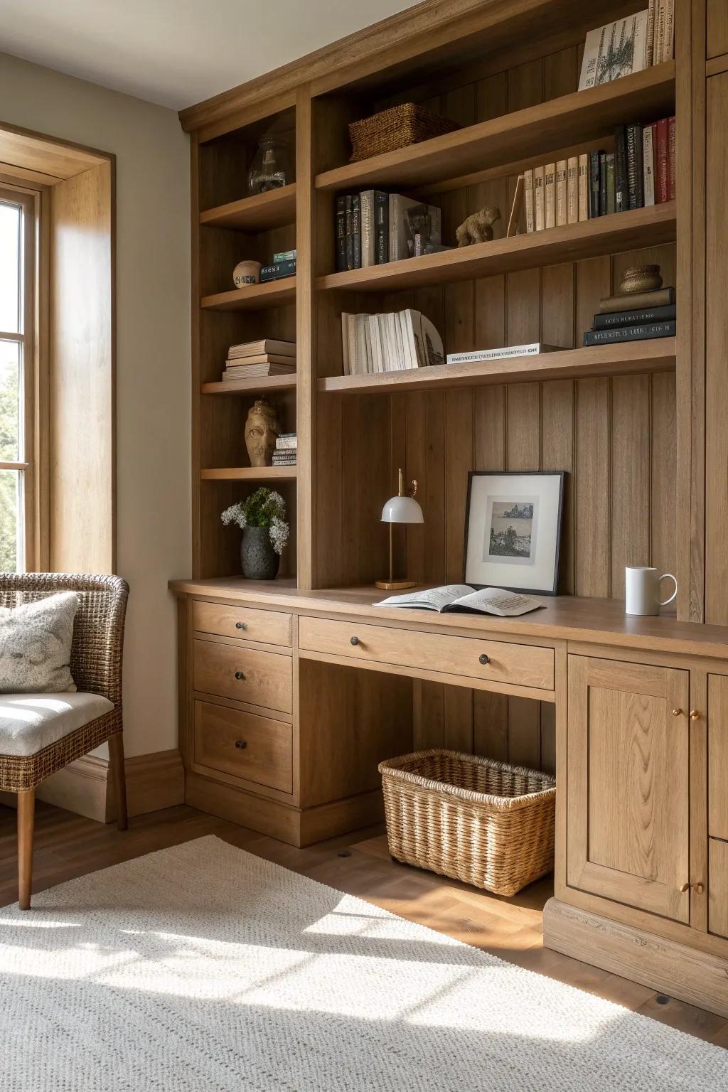 A built-in desk tucked into library shelving—crafty, calm, and perfect for quiet work.
