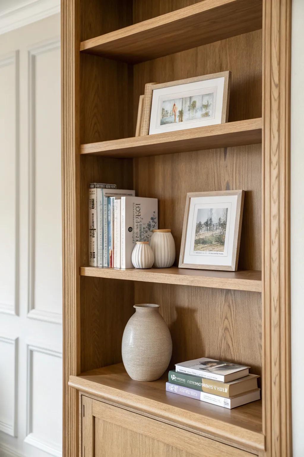 Picture-frame panel molding on shelf backs turns books into a framed, finished display.