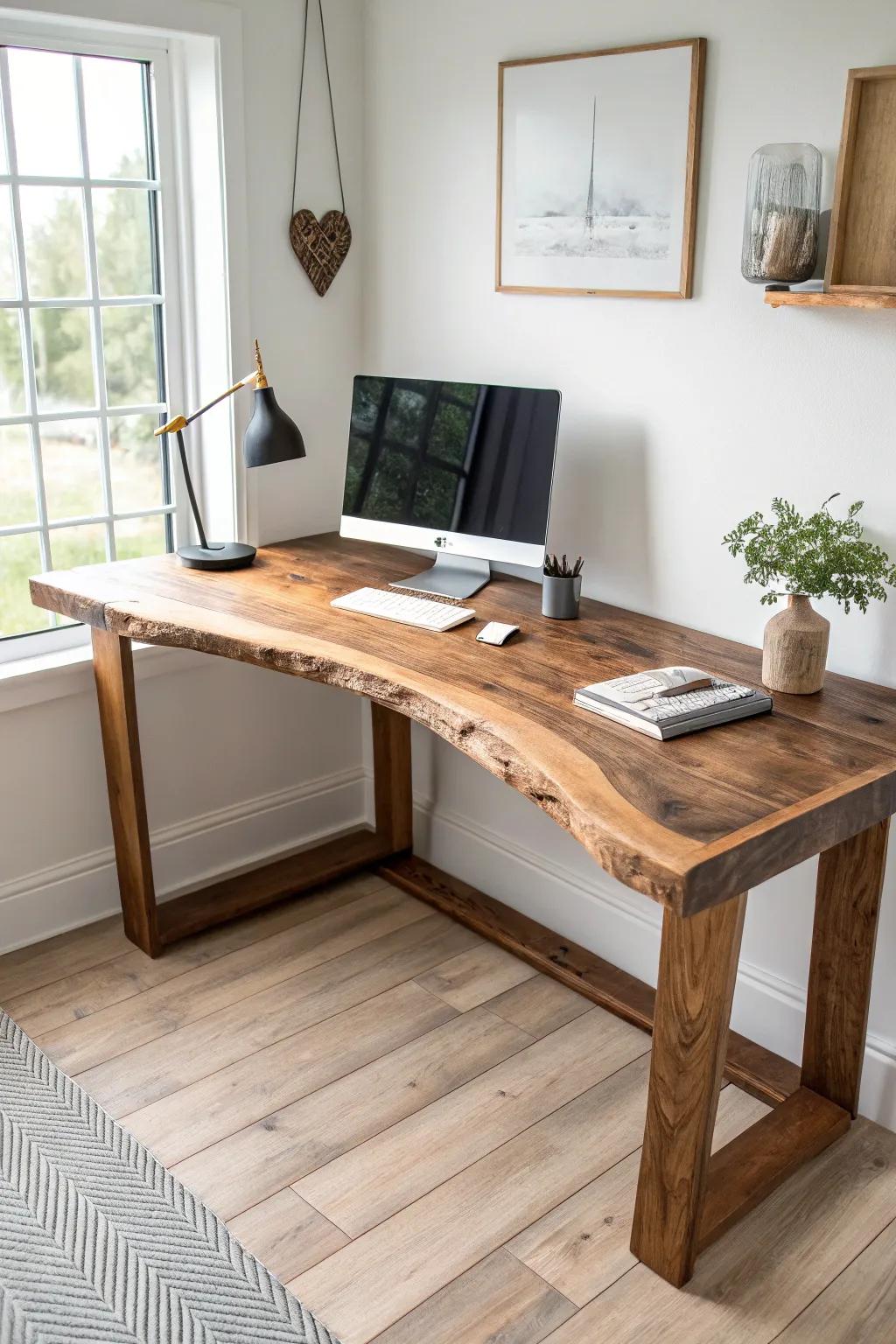 Minimal L-shaped live edge corner desk—two slabs, one dramatic edge, pure command center.