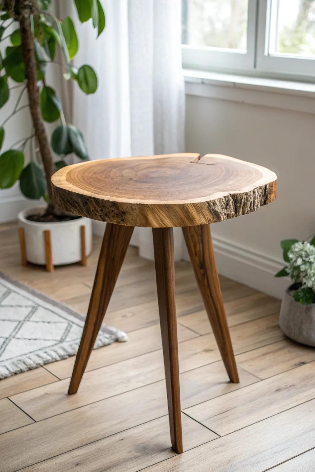 Tripod-based live edge end table—stable on uneven floors and perfect for tight corners.