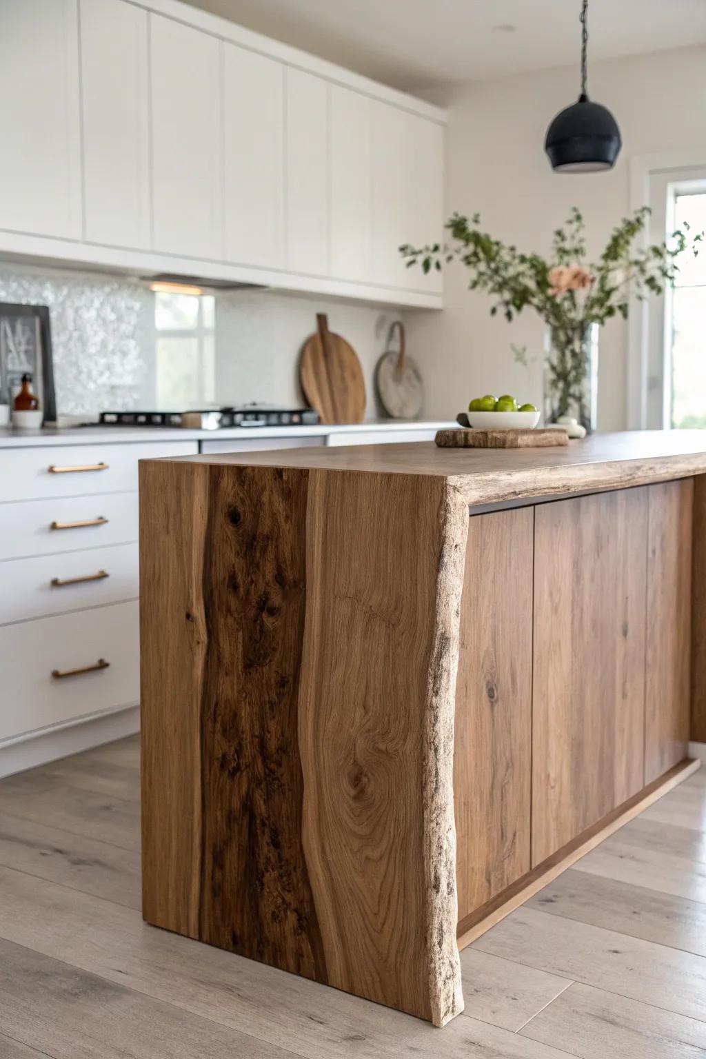 A sculptural live-edge island with a waterfall side—grain flowing top to floor in walnut.