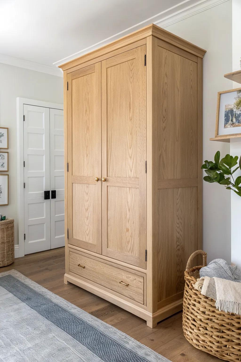 Weekend trim + crown molding turns a simple armoire into a seamless built-in look.