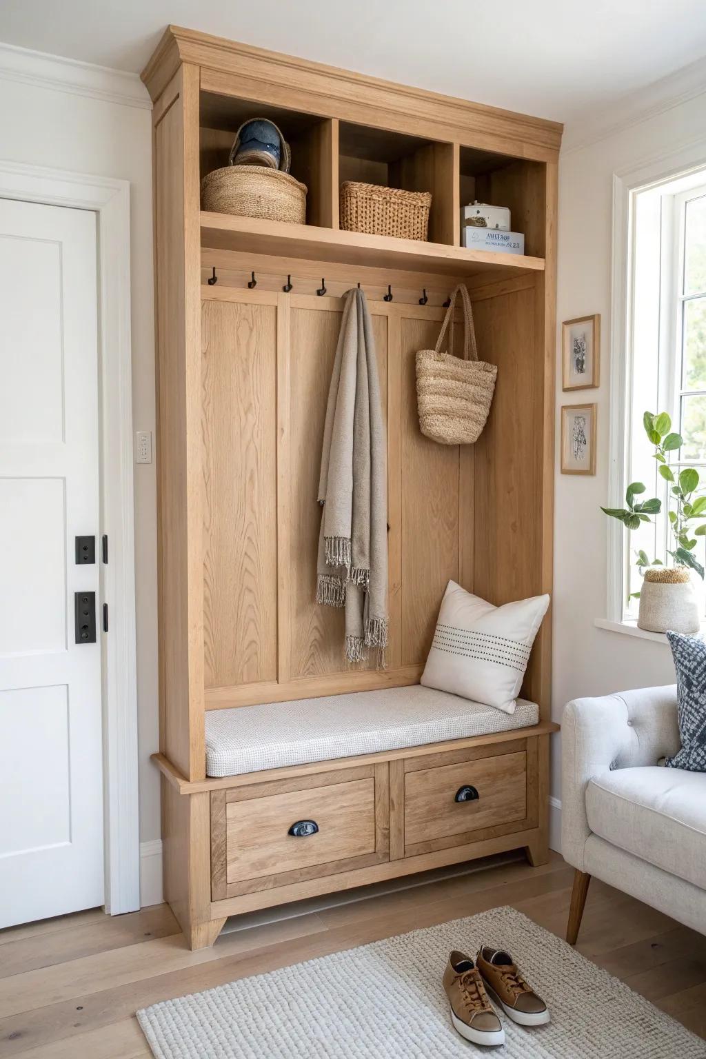 Mudroom-style entry closet by the sofa—oak hooks, shoe shelf, and calm, tidy storage.