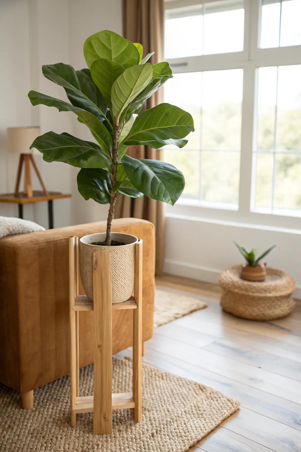 A tall green plant on a handcrafted oak stand makes a brown couch feel instantly fresh.