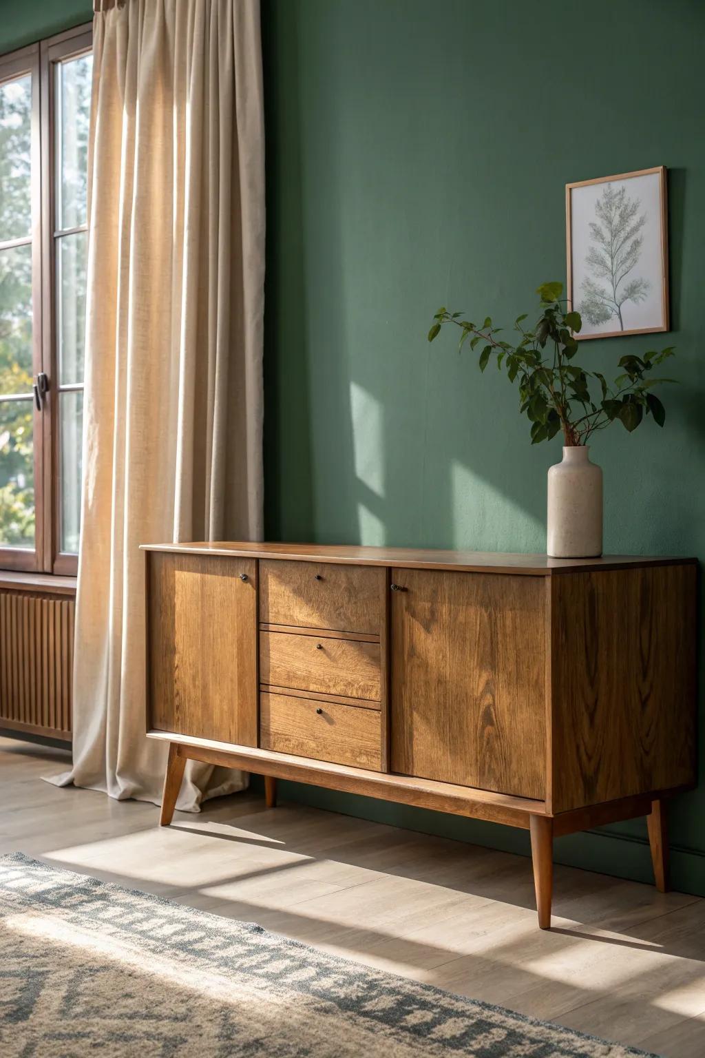 Antique oak + forest green walls: a cozy, library-like contrast with soft cream layers.