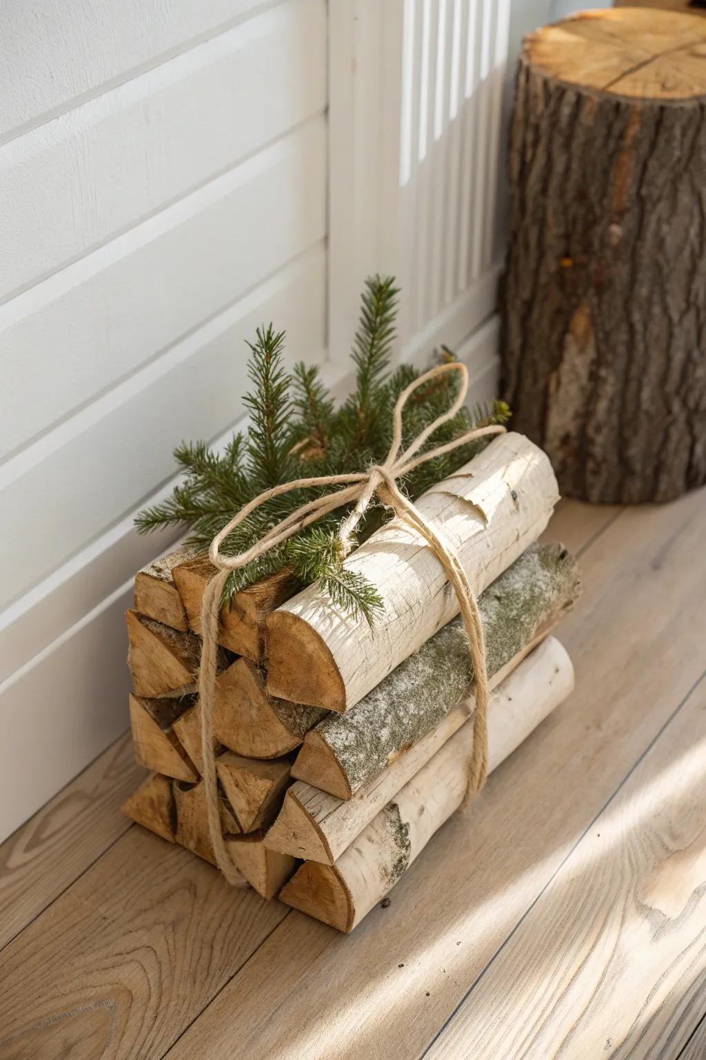 A simple firewood stack with evergreen sprigs turns cabin practicality into Christmas charm.