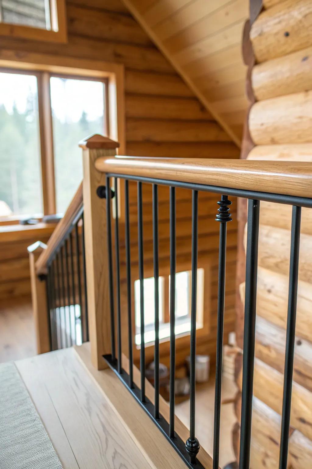 Crisp black balusters + a warm oak cap—an airy, safe loft railing that stays rustic and refined.