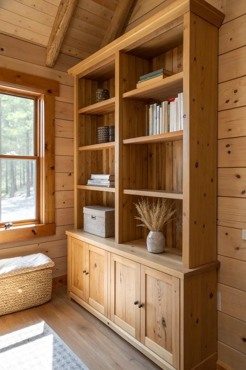 Floor-to-ceiling wood shelving that feels custom, tidy, and perfectly at home in a log cabin office.