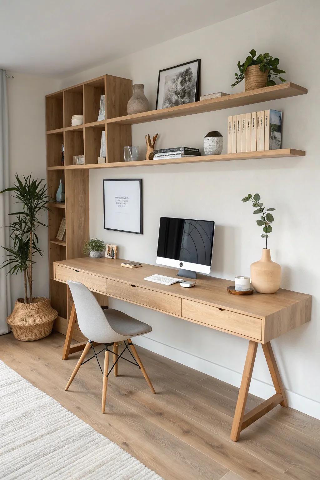 Long oak desk with matching floating shelves—an airy wall setup that keeps the surface clear.