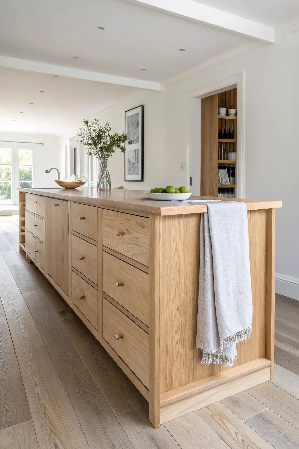 Protect the walkways first—an airy island layout keeps long kitchens calm and effortless.