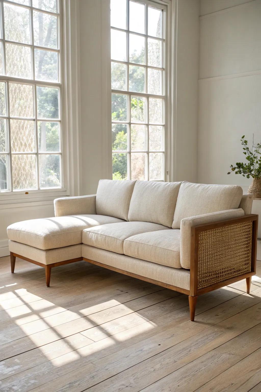 A slim sectional with an inward chaise keeps a long living room open, airy, and effortless.