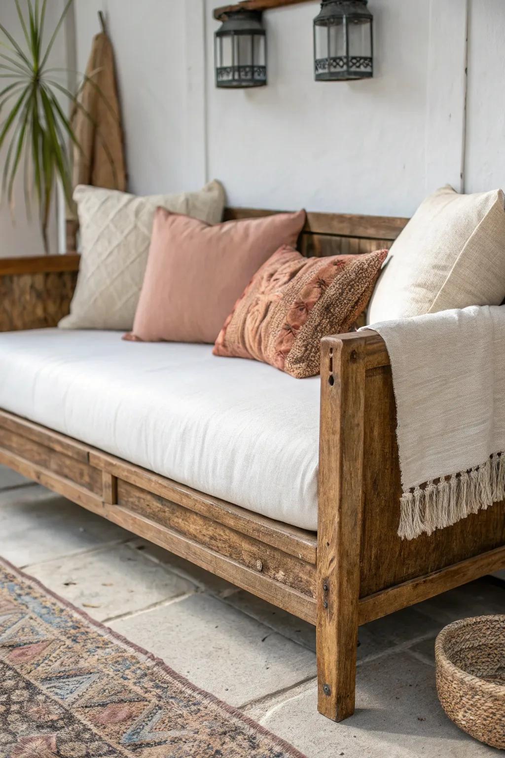 Handcrafted reclaimed-wood daybed with plush pillows—sofa by day, nap spot by night.
