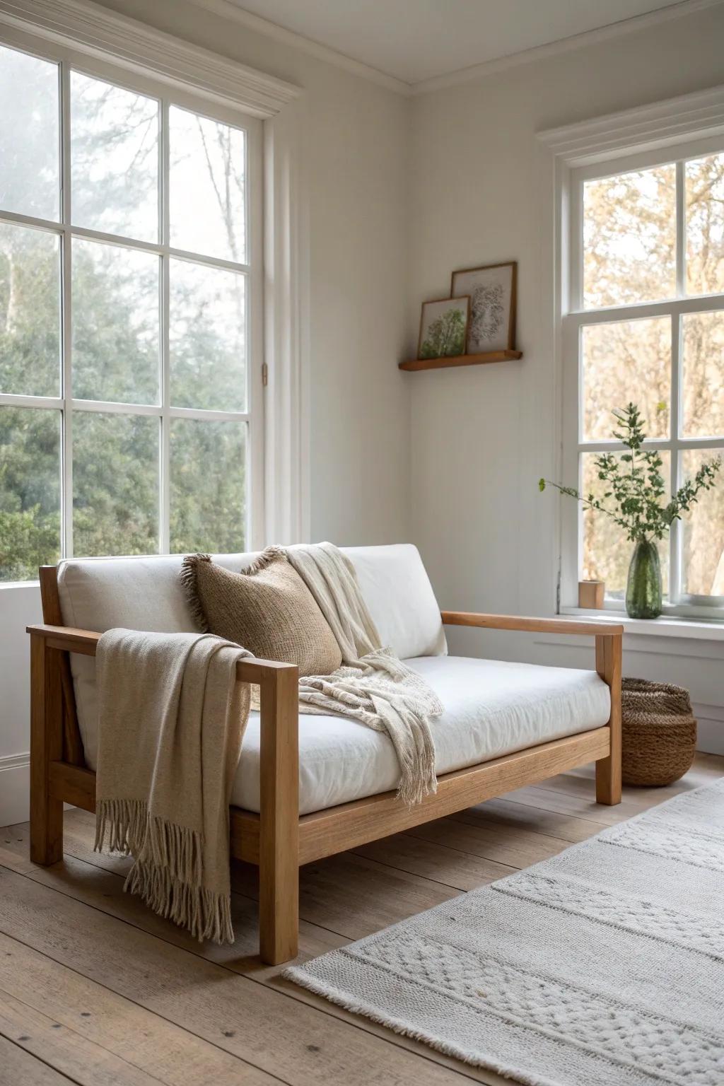 Light oak loveseat at the foot of the bed, angled toward the window for a sunlit reading nook.