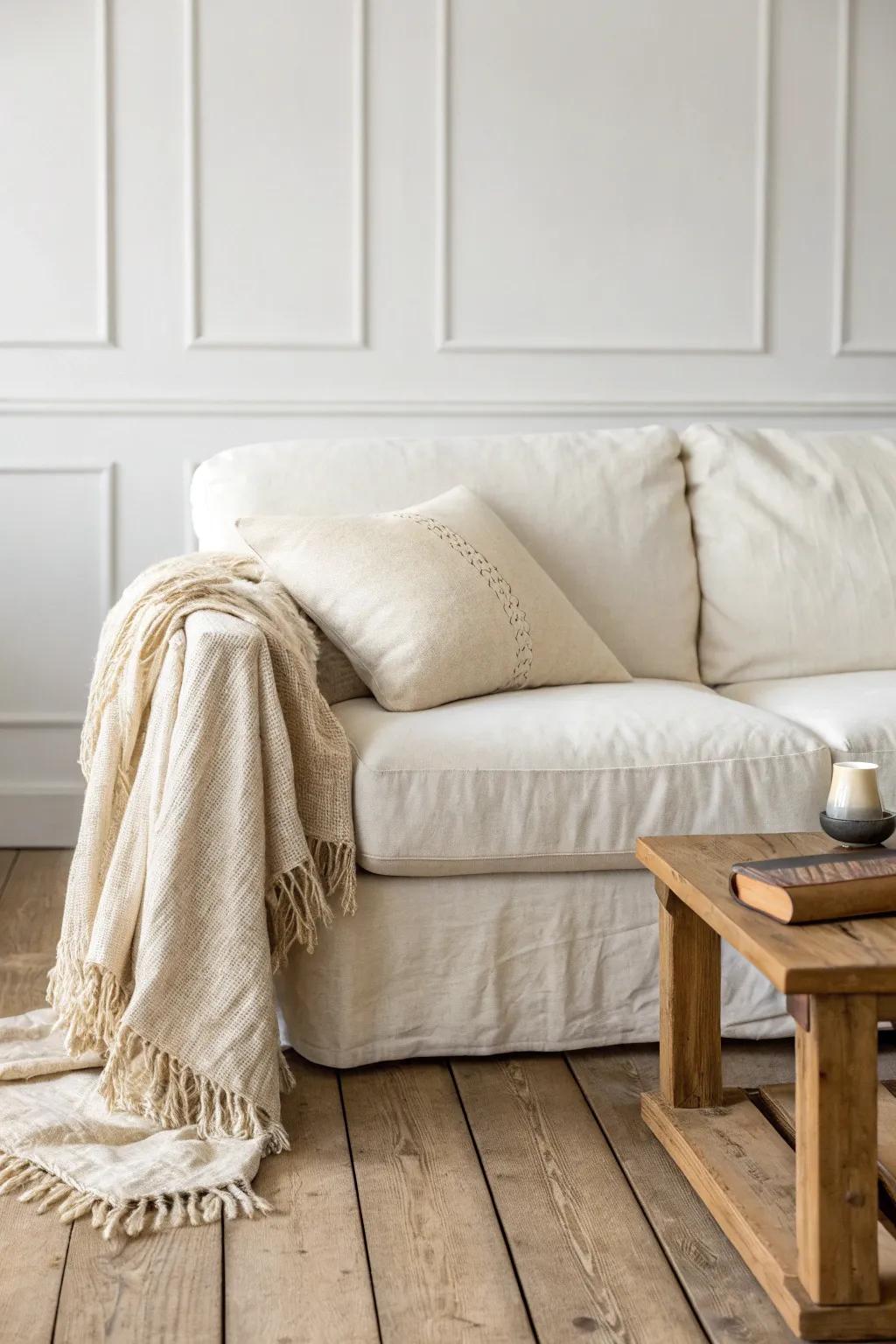 Modern farmhouse layers: a neutral loveseat styled with nubby texture and knotty wood warmth.