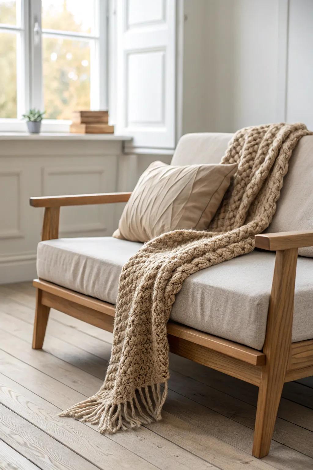 A chunky knit throw over a wooden loveseat arm makes your bedroom instantly more inviting.