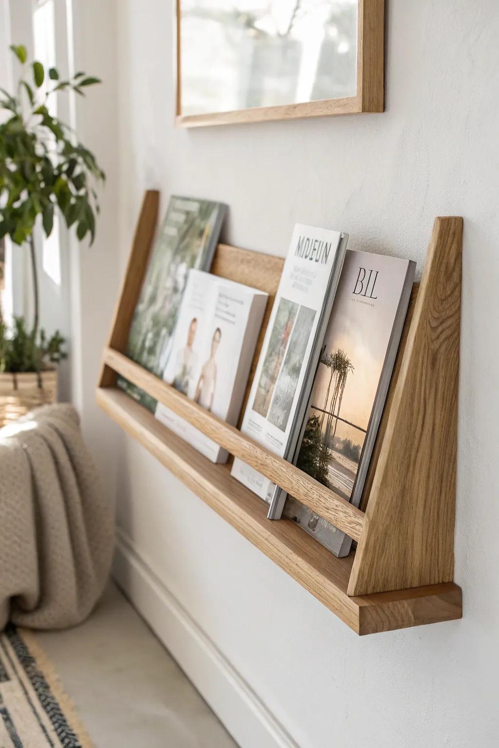 Turn favorite magazine covers into wall art with a sleek, forward-facing oak display ledge.