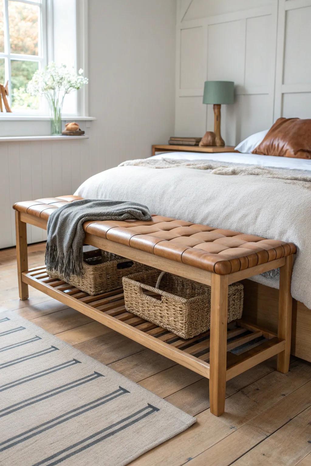A lounge-style bench with hidden storage—simple oak and leather for a sporty, calm man cave.