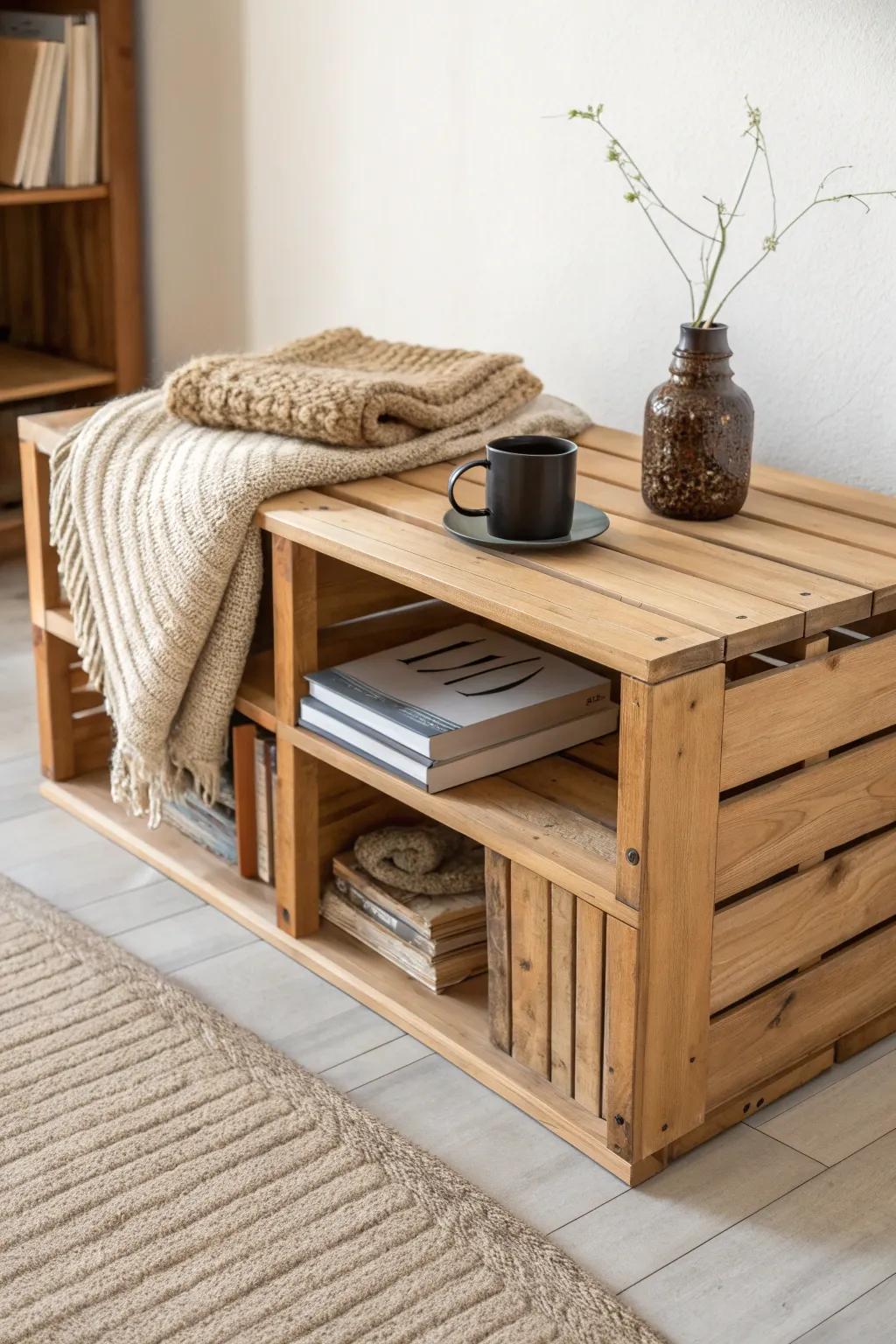 Crate cubbies keep blankets and books tidy—minimal, modular, and made for cozy man caves.