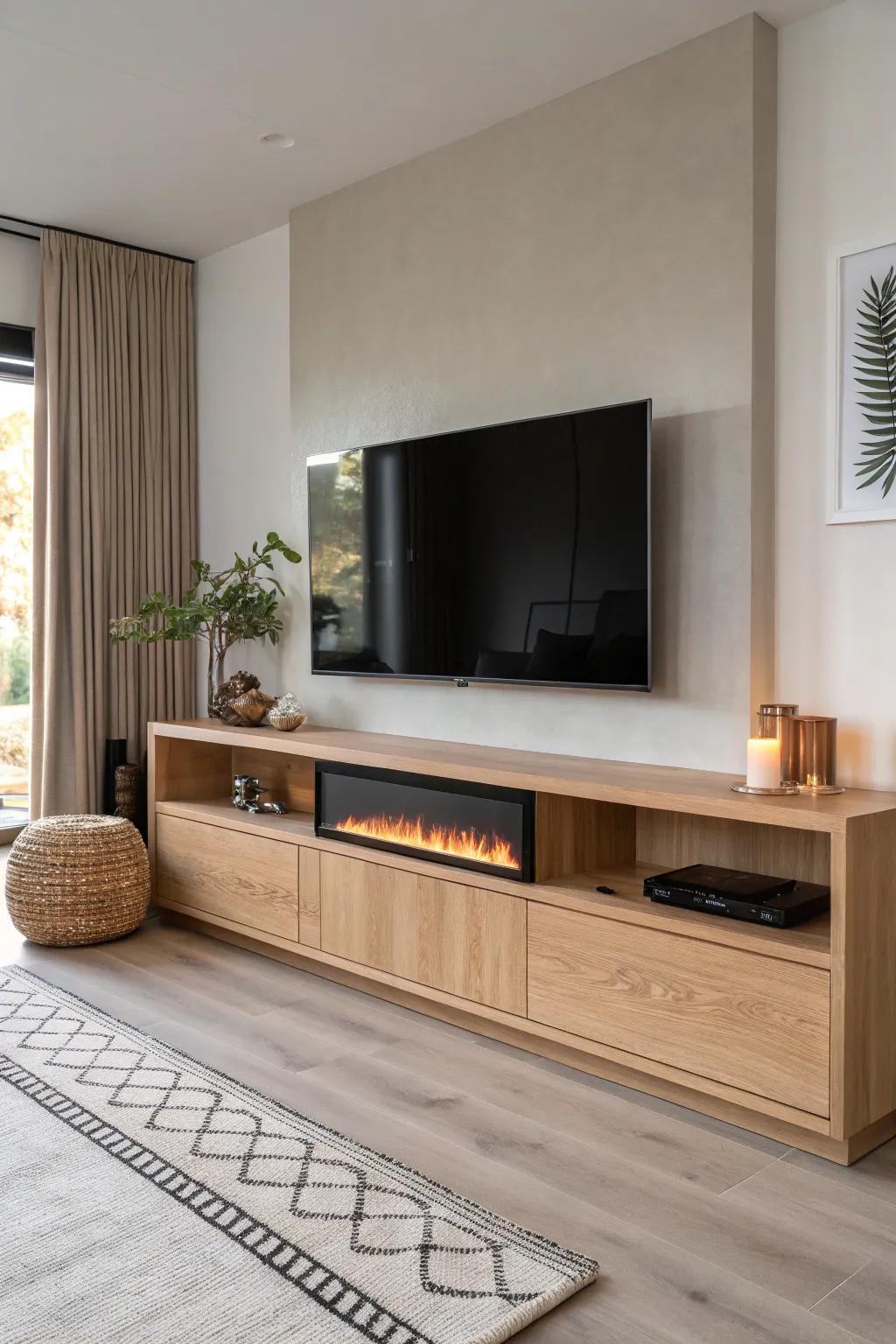 Sleek oak TV wall with a long linear fireplace—minimal, modern, and irresistibly cozy.