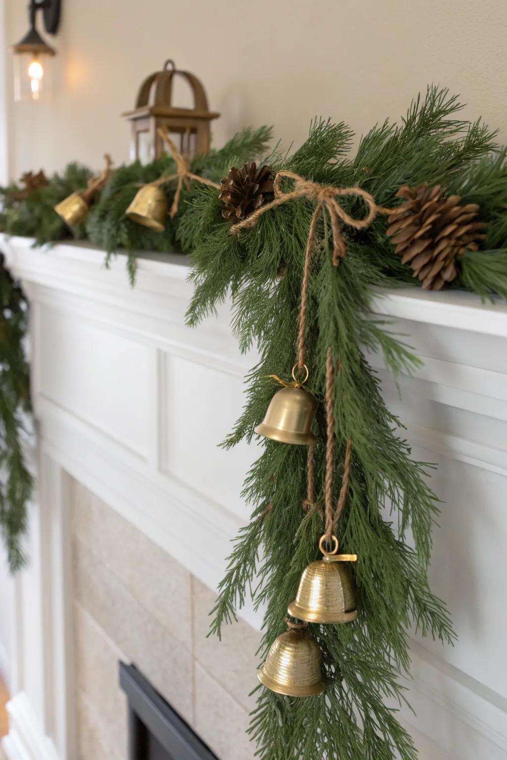 Simple pine garland with oversized gold bells—minimal, cozy, and beautifully handcrafted.