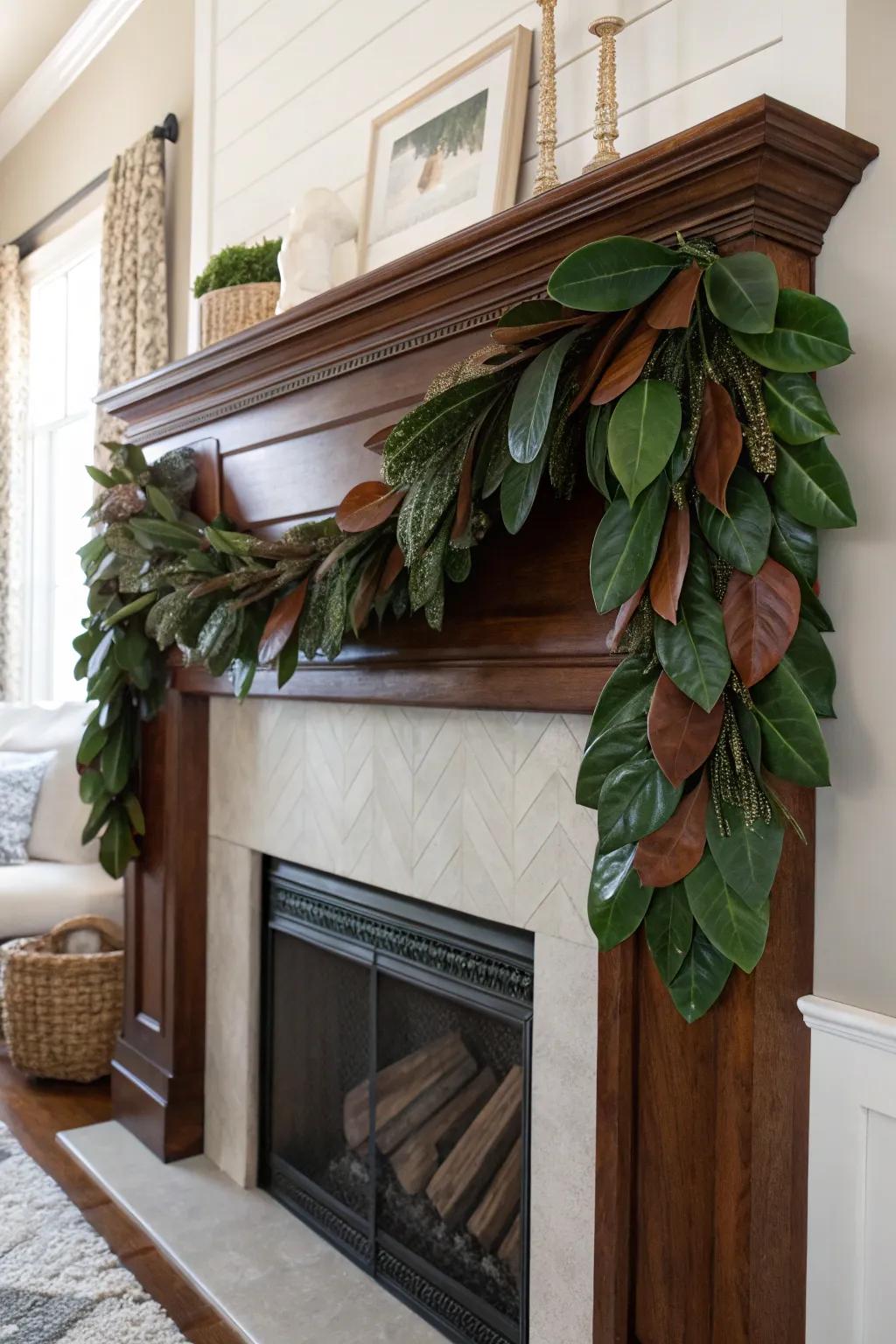 Glossy magnolia leaves on a dark wood mantel—bold, simple greenery with rich brown contrast.