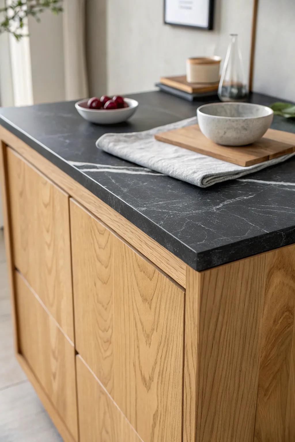 Velvety honed black counters make maple cabinets feel cozy, calm, and fingerprint-friendly.
