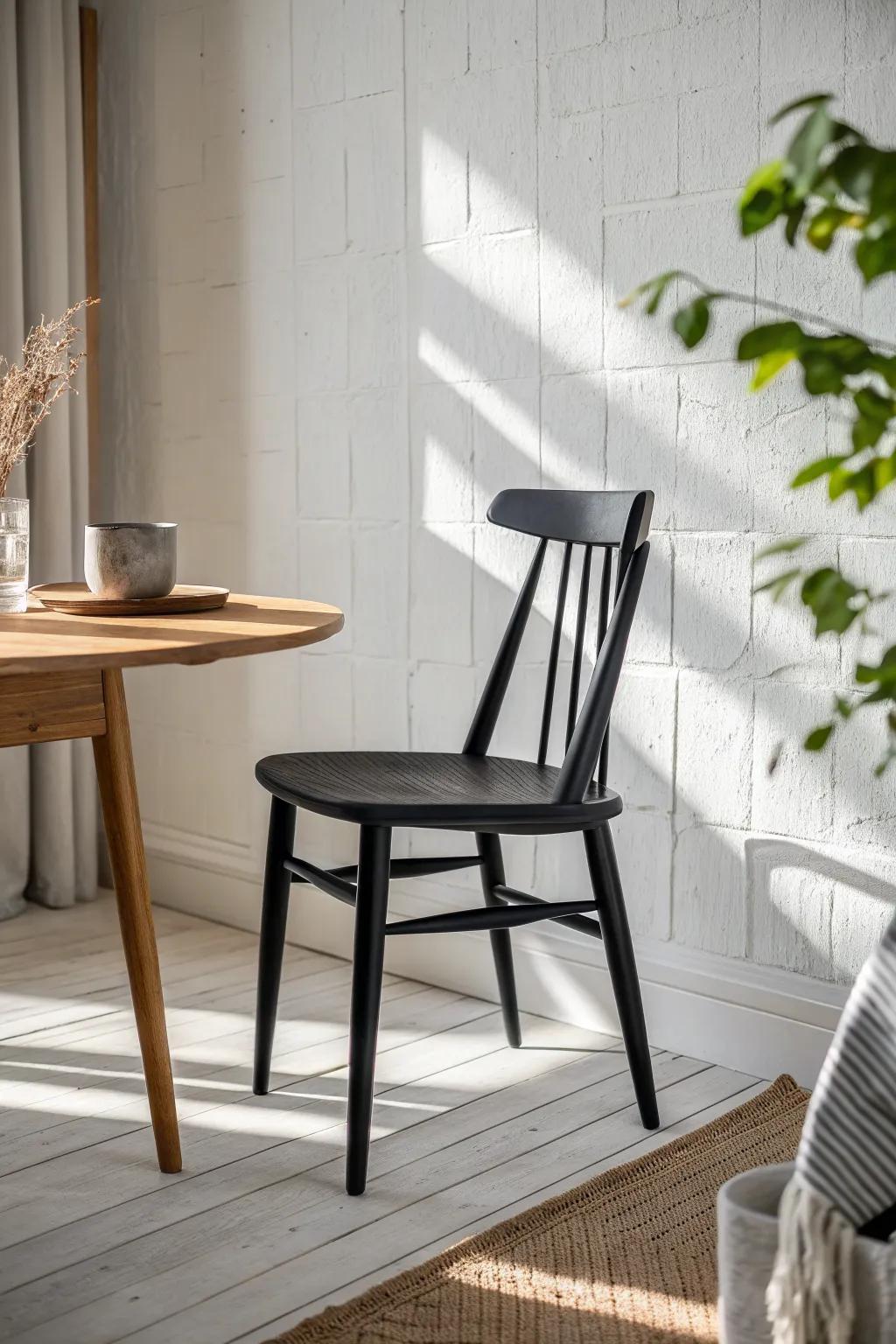 Black chair, warm oak, white walls—high-contrast balance for a bold yet airy dining room.