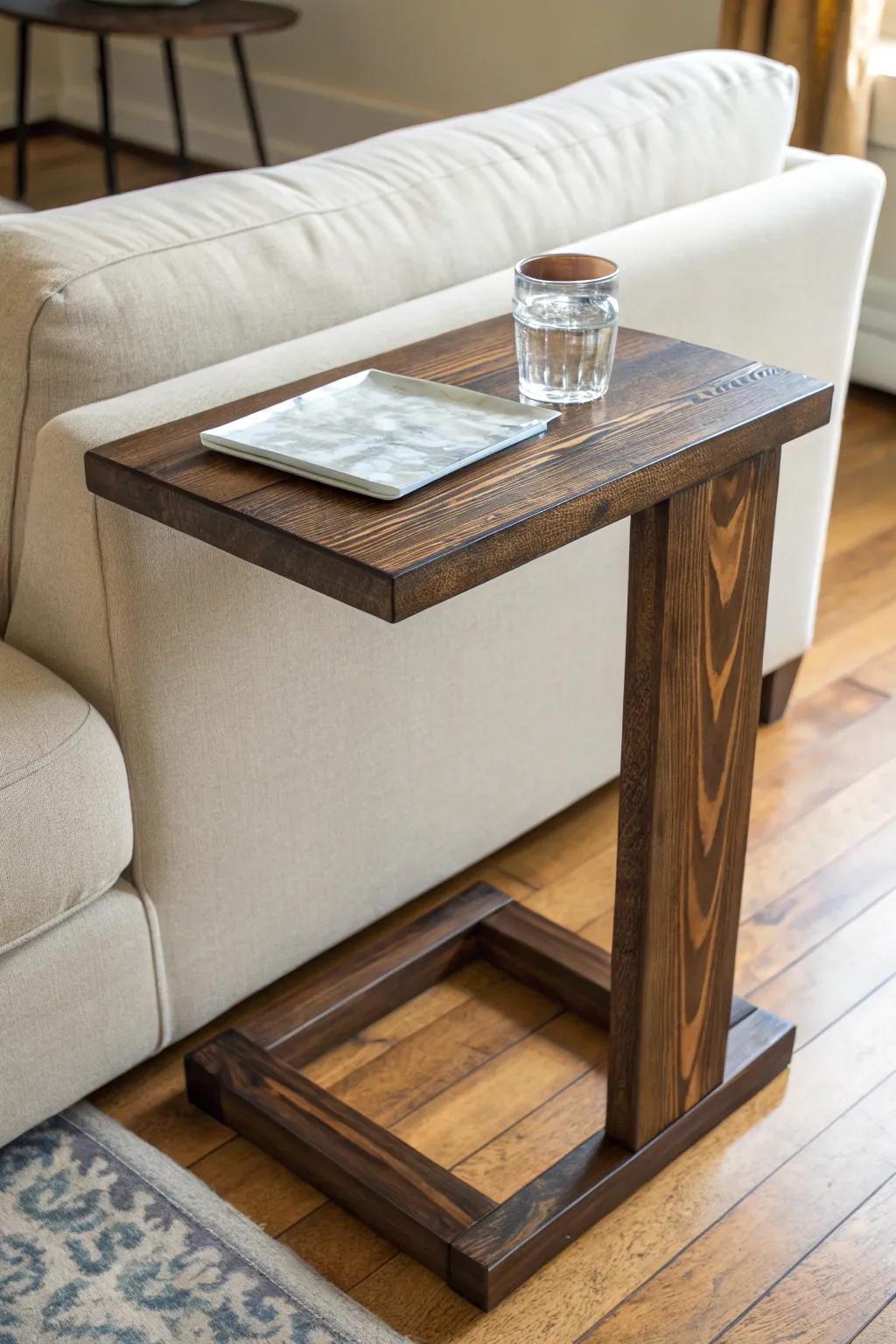 Slim reclaimed-wood C-table: a chic drink perch that slides under the sofa for movie nights.