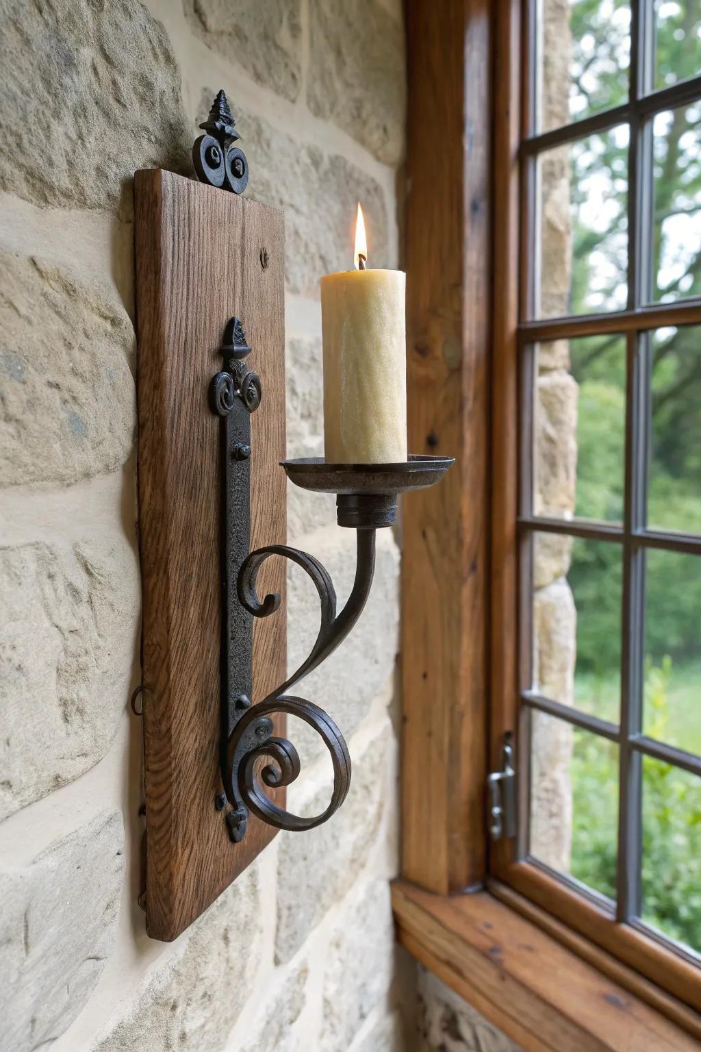 Candle-style wall sconce on stained oak—an easy medieval touch with modern, minimal warmth.
