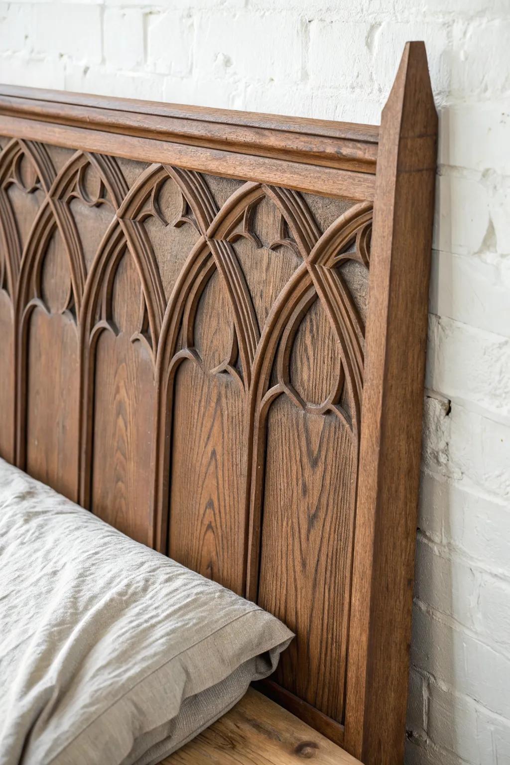 Gothic-arch carvings in dark waxed oak—an easy medieval nod with minimalist warmth.