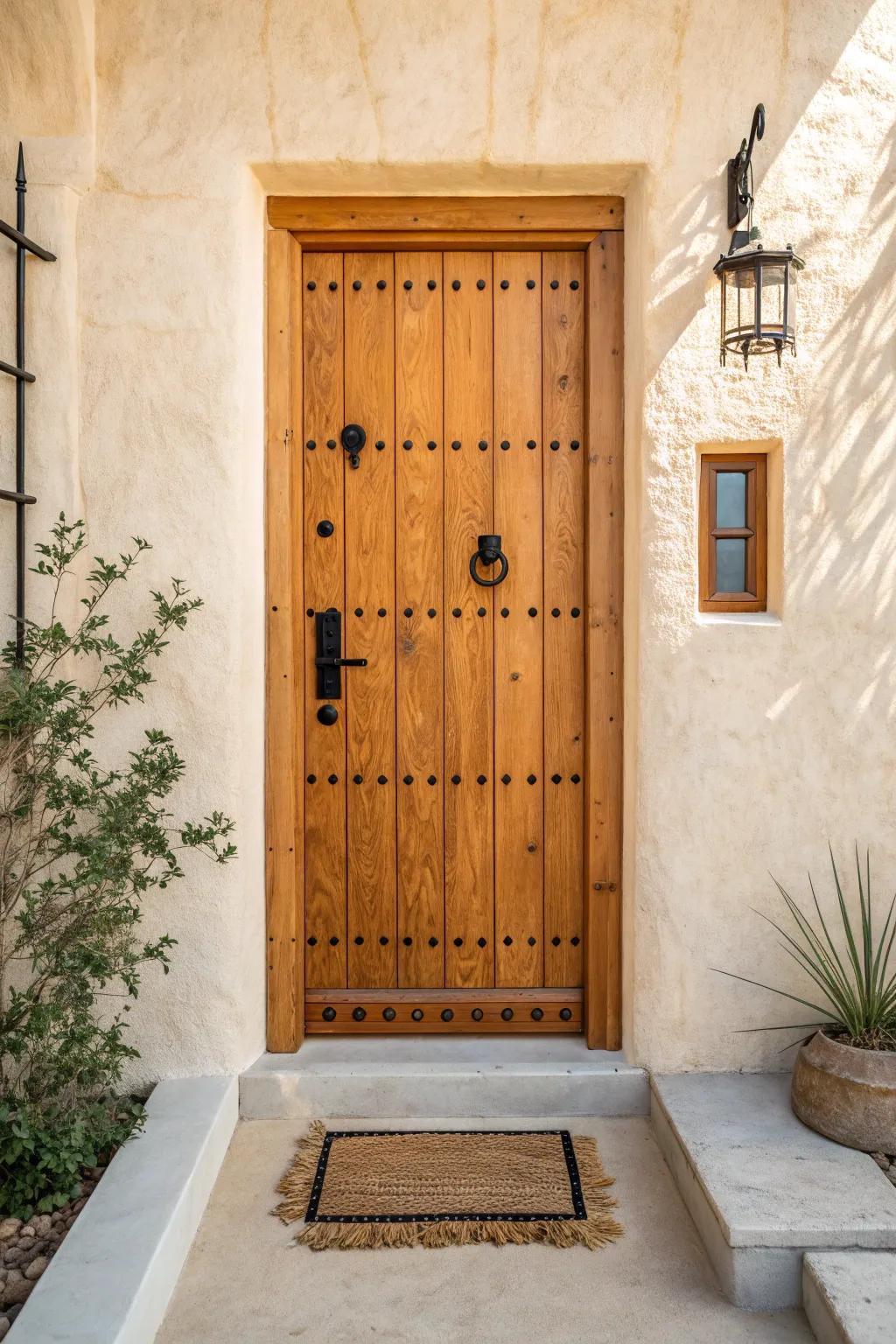 Symmetrical iron clavos and a chunky ring knocker for timeless Mediterranean charm.