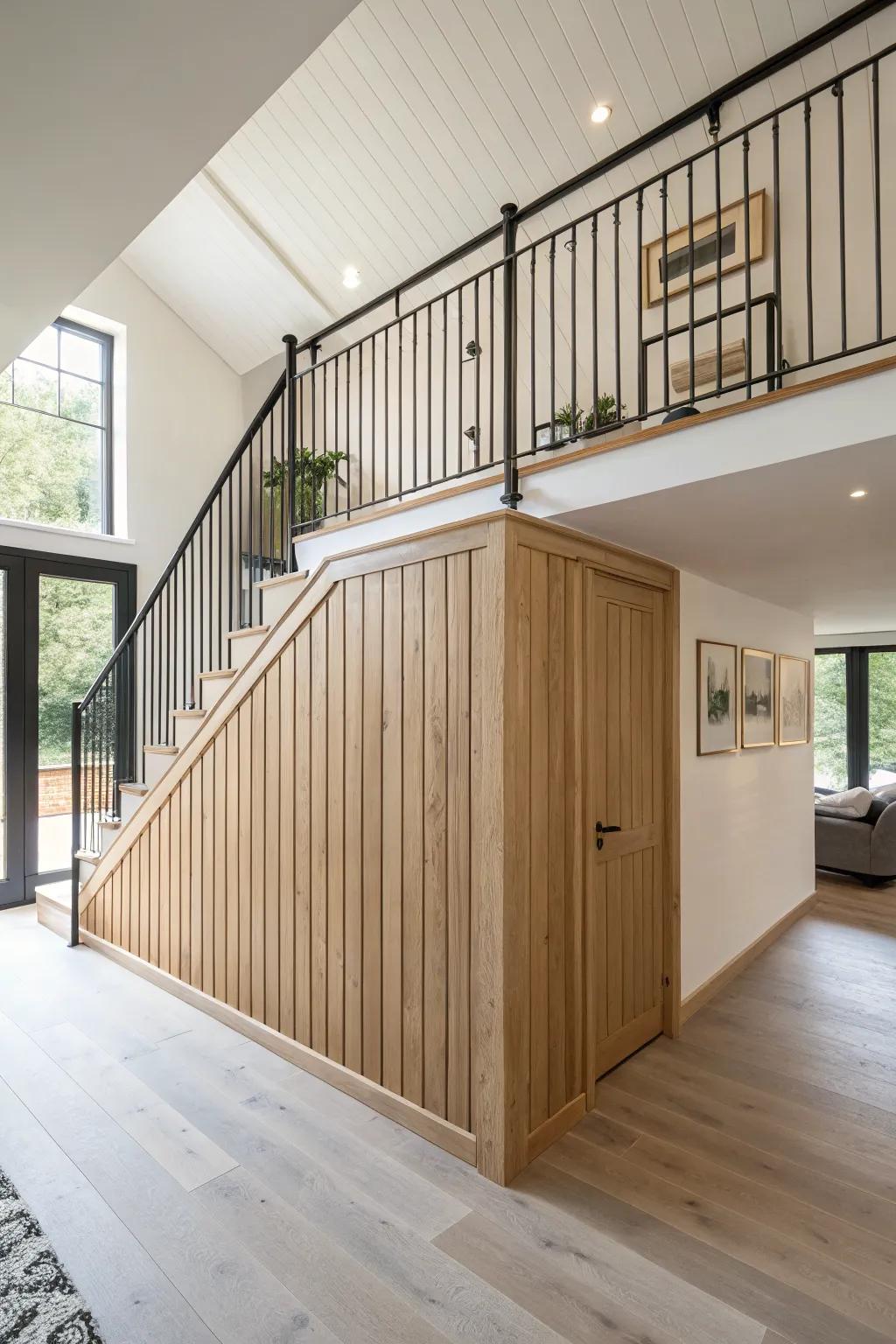 Pony wall + airy metal balusters: a sturdy mezzanine edge that still feels light and calm.